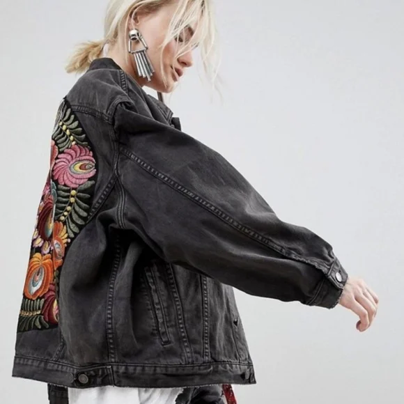 New Boho Embroidered Patch Denim Jean Jacket Oversized Coat Black - Picture 5 of 12